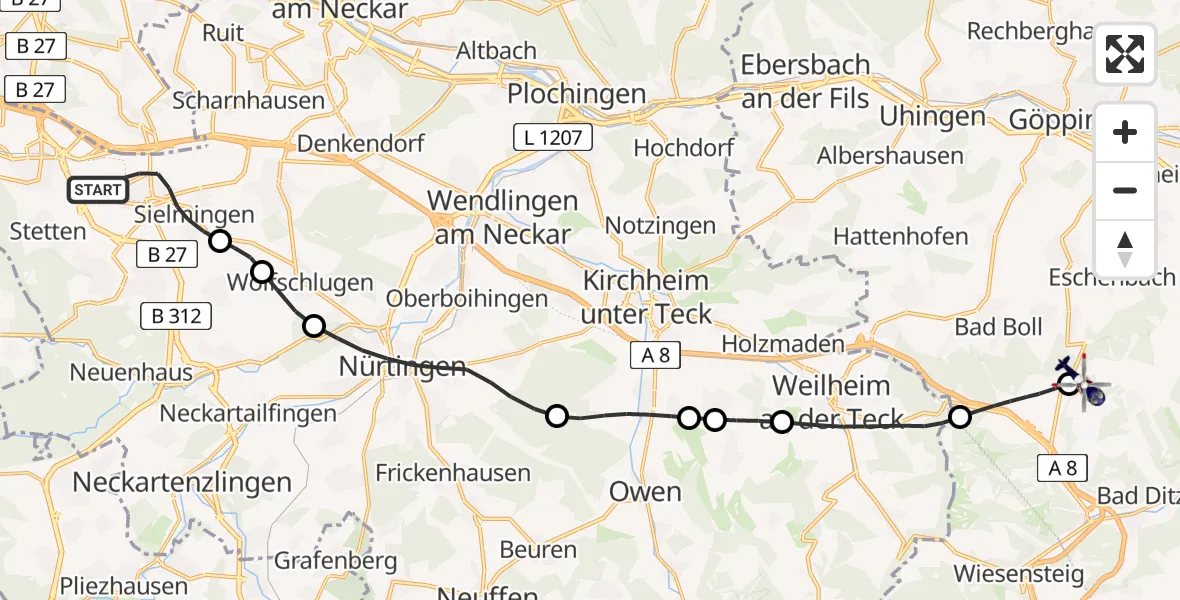 Flugroute Polizeihubschrauber Flughafen Stuttgart - Gruibingen-Nortel Flugplatz, 22 Mai 2026, 07:39