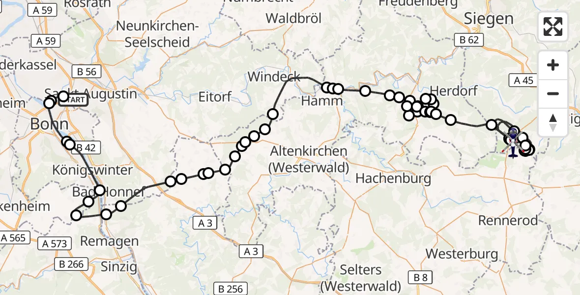 Flugroute Polizeihubschrauber Sankt Augustin - Siegerland Flughafen, 22 Mai 2026, 07:43