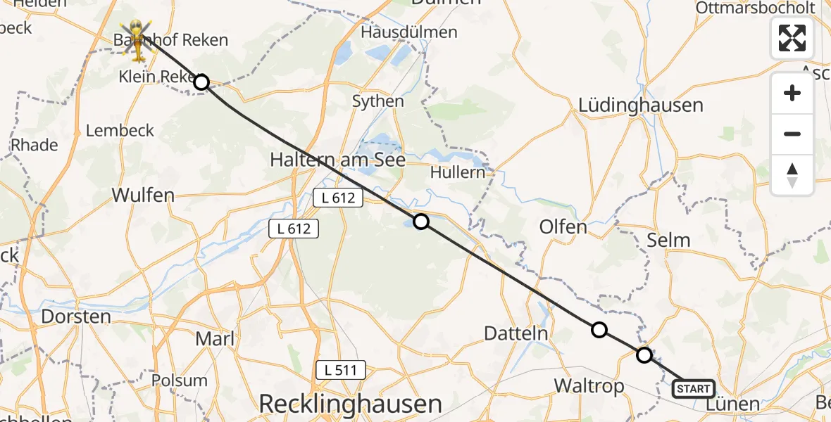 Flugroute Rettungshubschrauber Lünen - Reken, 22 Mai 2026, 07:44