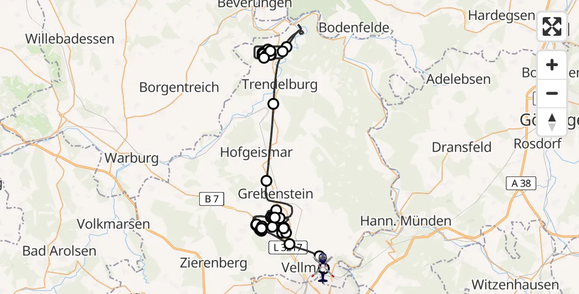Flugroute Polizeihubschrauber Hölleberg Flugplatz - Fuldatal Bundespolizei Hubschrauberlandeplatz, 22 Mai 2026, 07:44