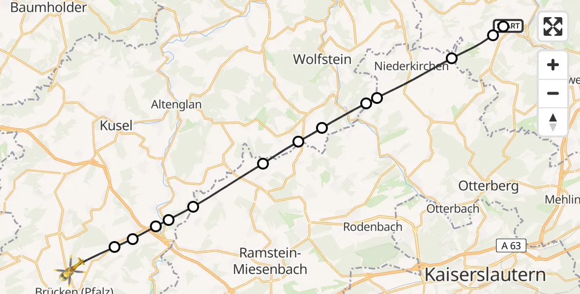 Flugroute Rettungshubschrauber Imsweiler UL - Steinbach am Glan, 22 Mai 2026, 07:46