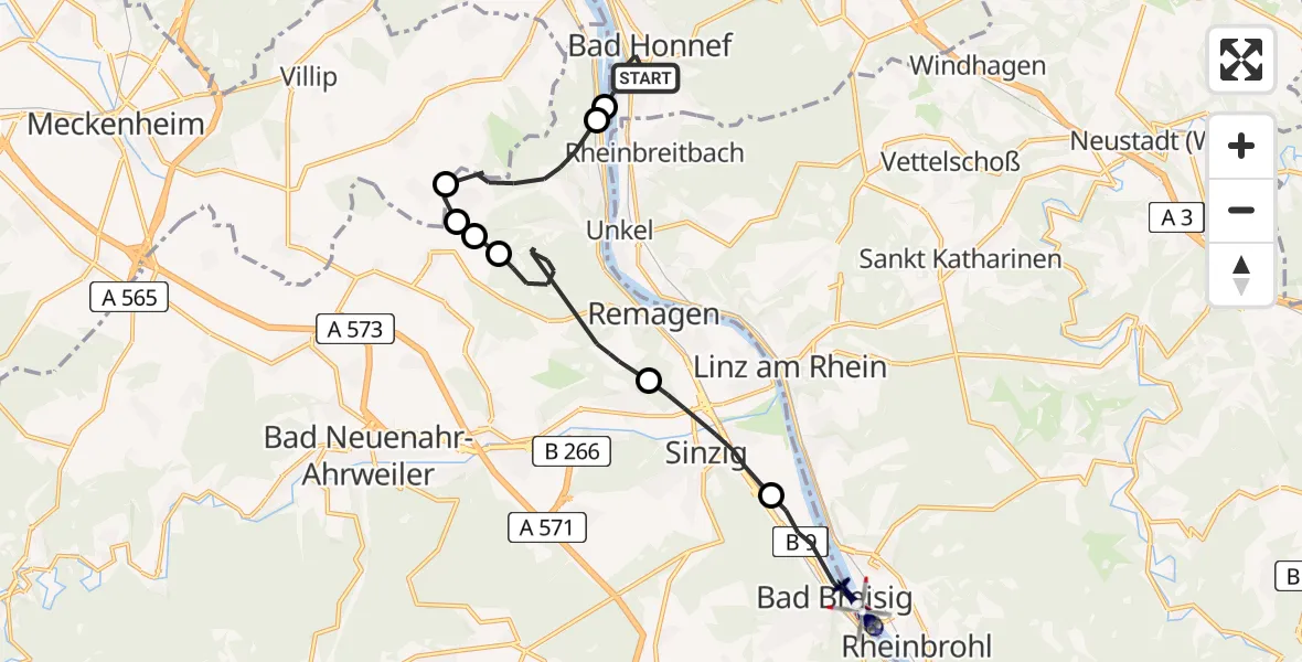 Flugroute Polizeihubschrauber Bad Honnef - Bad Breisig, 22 Mai 2026, 07:51