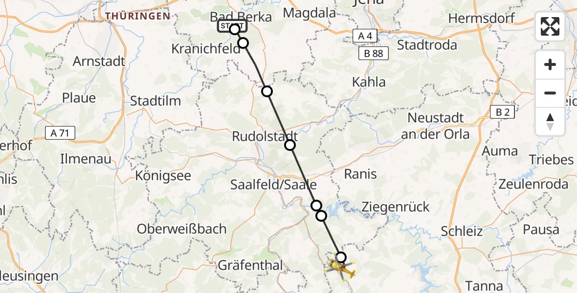 Flugroute Ambulanzhubschrauber Bad Berka Central Hospital - Remptendorf, 22 Mai 2026, 07:52