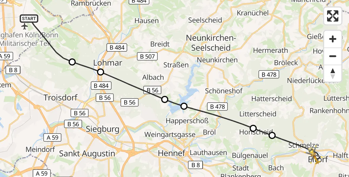 Flugroute Rettungshubschrauber Köln Bonn Flughafen - Eitorf, 22 Mai 2026, 07:57