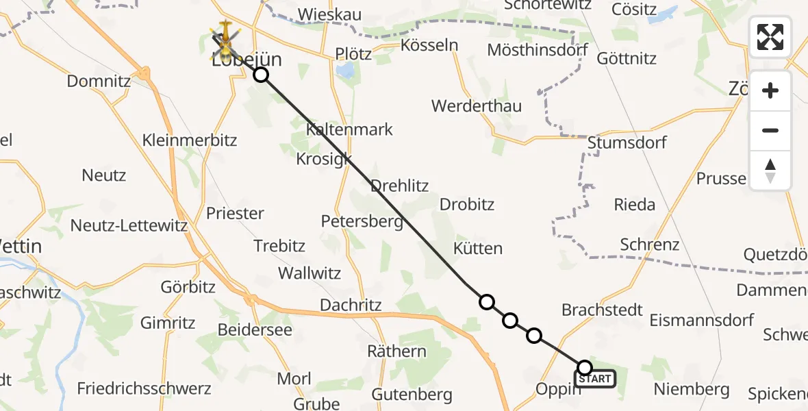 Flugroute Ambulanzhubschrauber Halle-Oppin Flugplatz - Wettin-Löbejün, 22 Mai 2026, 07:57