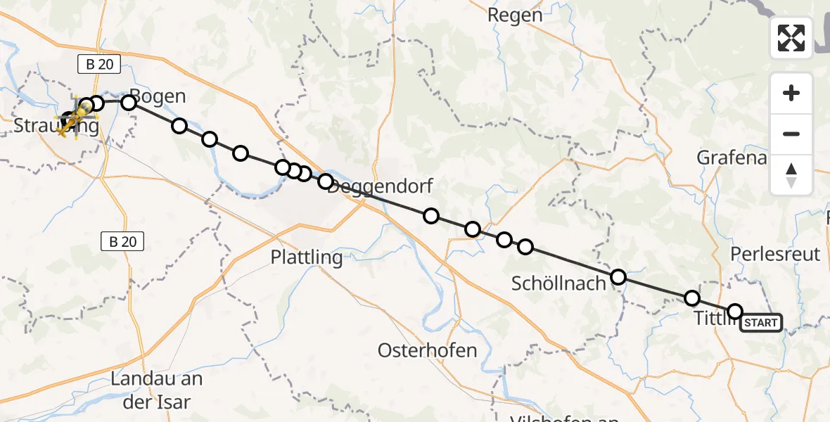 Flugroute Rettungshubschrauber Witzmannsberg - Sankt Elisabeth Hospital Straubing, 22 Mai 2026, 07:58