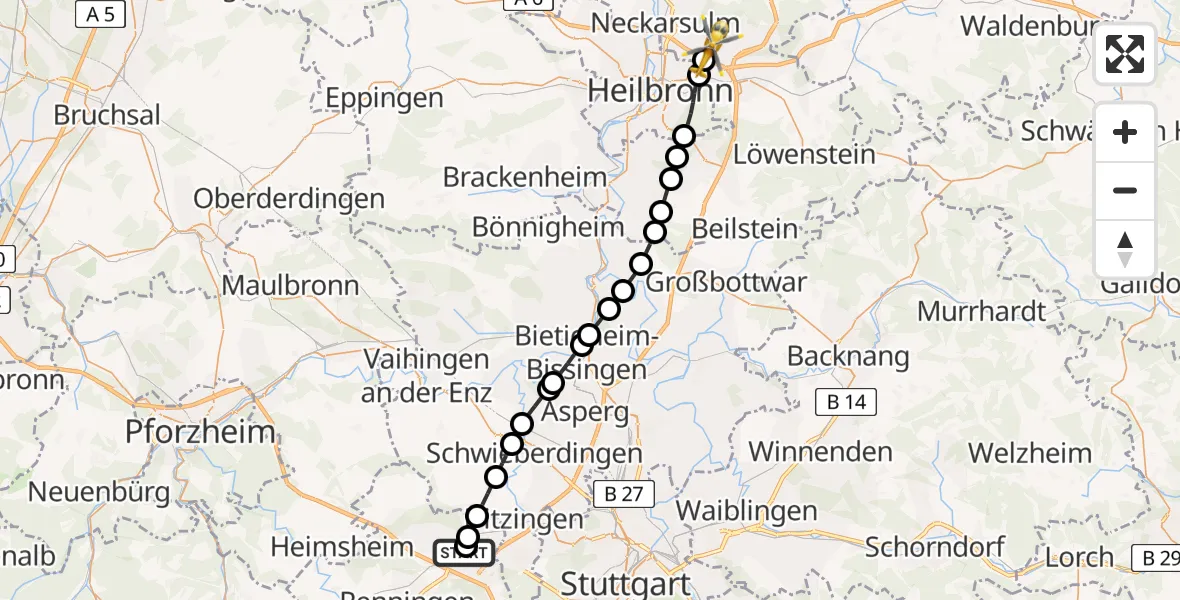 Flugroute Rettungshubschrauber Leonberg Hospital - Erlenbach, 22 Mai 2026, 08:02