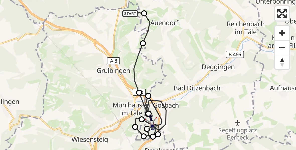 Flugroute Polizeihubschrauber Gruibingen-Nortel Flugplatz - Bad Ditzenbach, 22 Mai 2026, 08:04