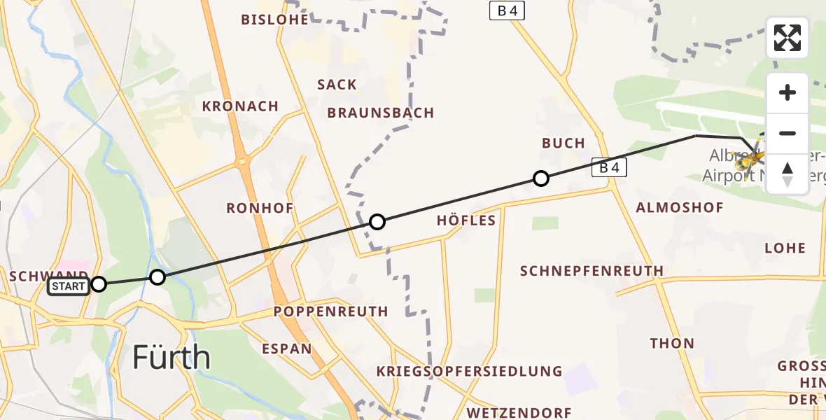 Flugroute Ambulanzhubschrauber Fürth Hospital - Flughafen Nuremberg, 22 Mai 2026, 08:11