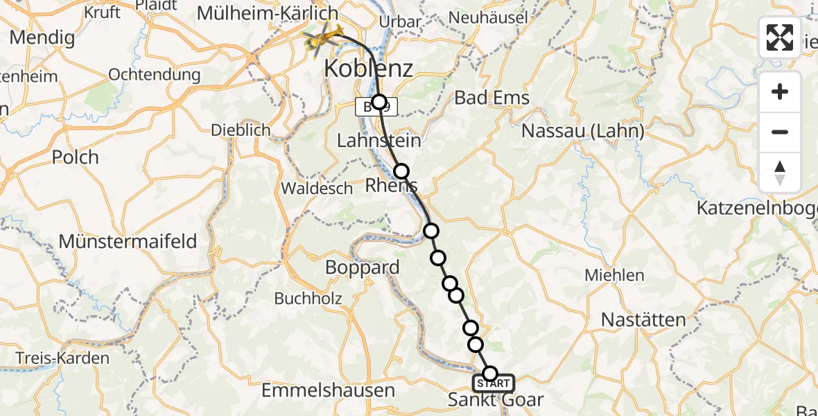 Flugroute Rettungshubschrauber Sankt Goarshausen - Koblenz, 22 Mai 2026, 08:12