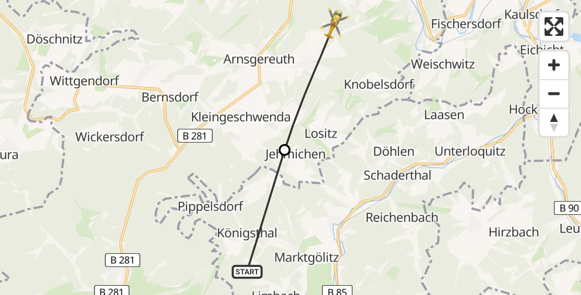 Flugroute Rettungshubschrauber Probstzella - Saalfeld/Saale, 22 Mai 2026, 08:14