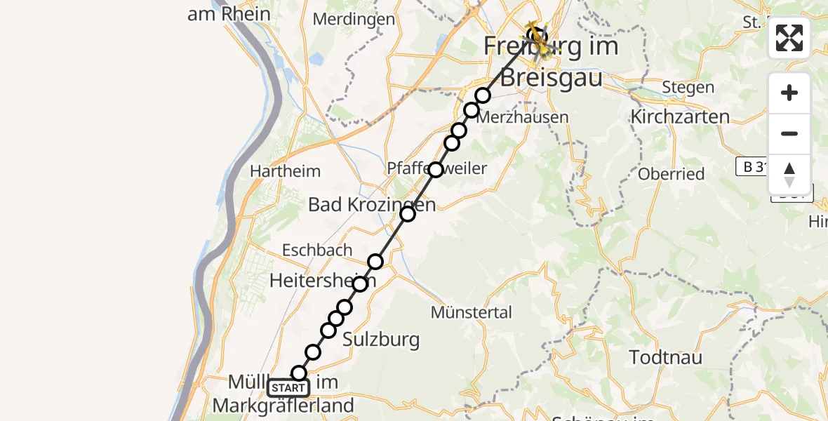 Flugroute Rettungshubschrauber Müllheim im Markgräflerland - Freiburg University Hospital Heliport 1, 22 Mai 2026, 08:20