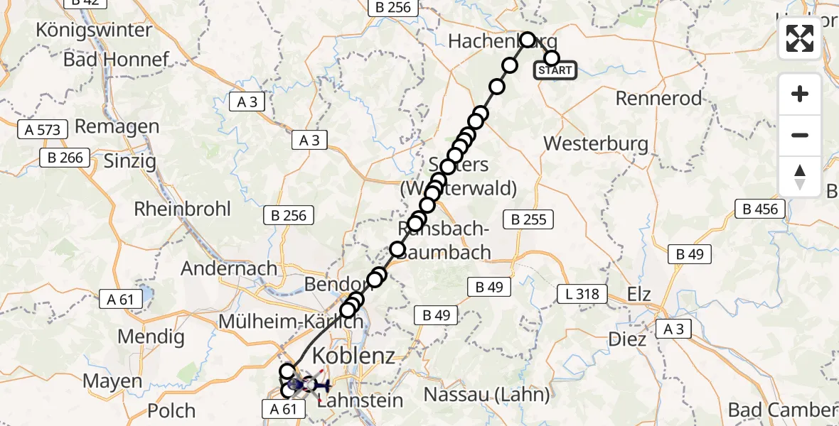 Flugroute Polizeihubschrauber Nistertal - Koblenz-Winningen Flugplatz, 22 Mai 2026, 08:22