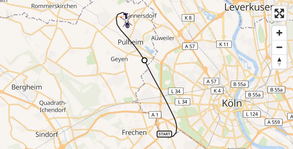 Flugroute Polizeihubschrauber Köln - Pulheim, 22 Mai 2026, 08:28