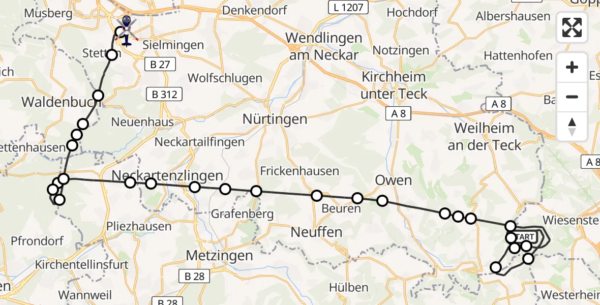 Flugroute Polizeihubschrauber Wiesensteig - Flughafen Stuttgart, 22 Mai 2026, 08:37