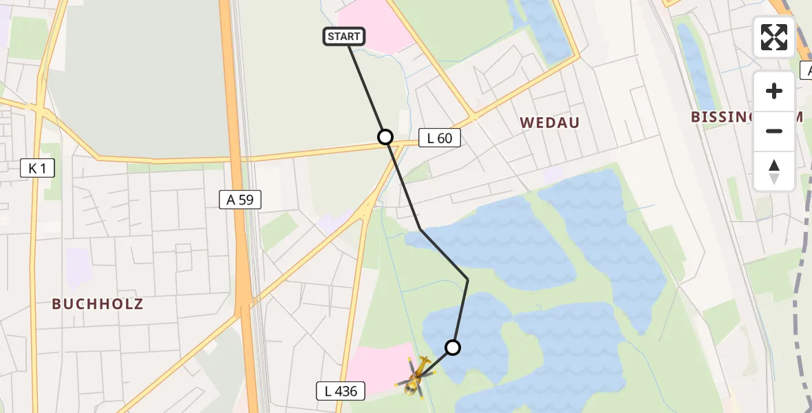 Flugroute Rettungshubschrauber Sana Clinic Duisburg Hubschrauberlandeplatz - Duisburg Air Rescue Hubschrauberlandeplatz (Christoph 9), 22 Mai 2026, 08:37