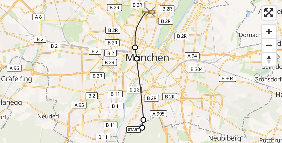 Flugroute Rettungshubschrauber ADAC Air Rescue Center Hubschrauberlandeplatz (Christoph 1) - München, 22 Mai 2026, 08:38