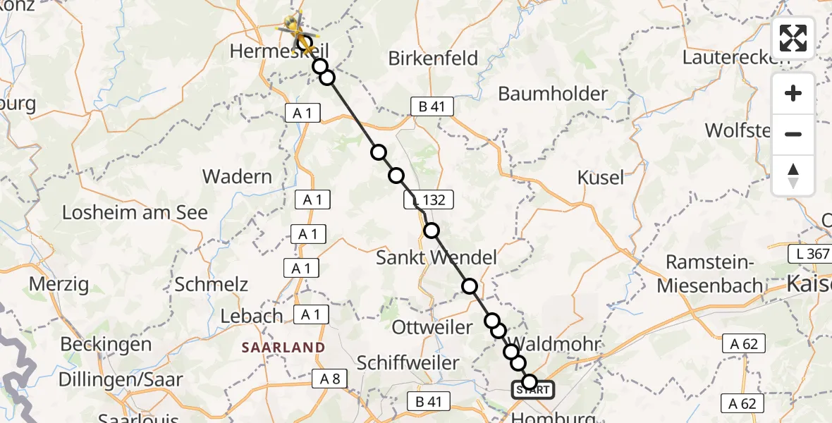 Flugroute Ambulanzhubschrauber Homburg - Hermeskeil, 22 Mai 2026, 08:41