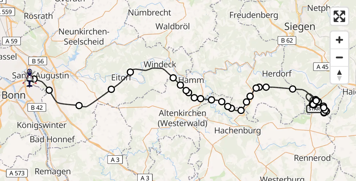 Flugroute Polizeihubschrauber Siegerland Flughafen - Sankt Augustin, 22 Mai 2026, 08:41