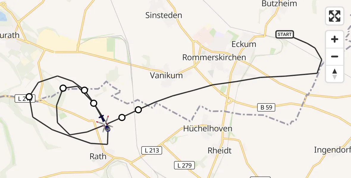 Flugroute Polizeihubschrauber Rommerskirchen - Bedburg, 22 Mai 2026, 08:43