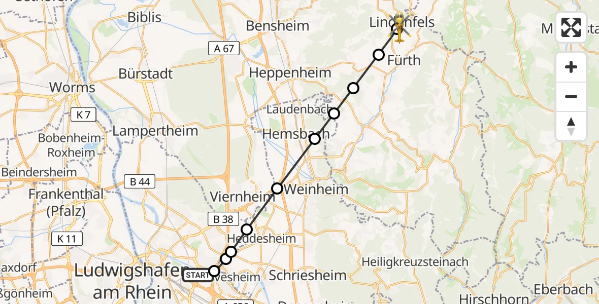 Flugroute Rettungshubschrauber Mannheim-City Flughafen - Lindenfels, 22 Mai 2026, 08:43