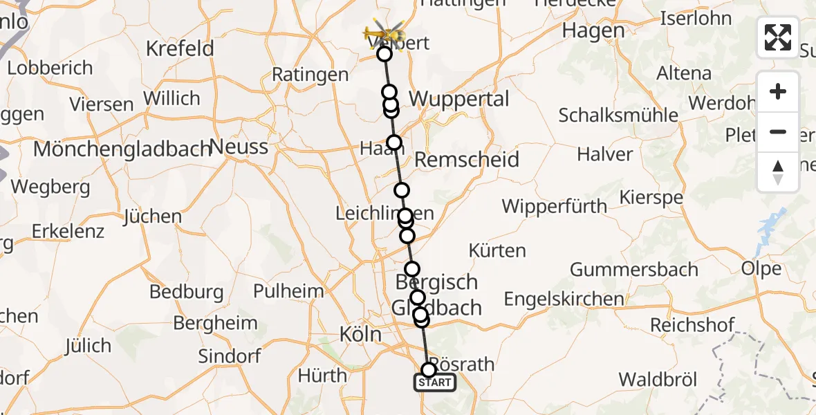 Flugroute Rettungshubschrauber Köln Bonn Flughafen - Velbert, 22 Mai 2026, 08:43