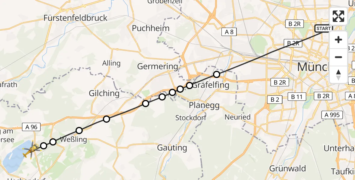 Flugroute Rettungshubschrauber München - Wörthsee, 22 Mai 2026, 08:45