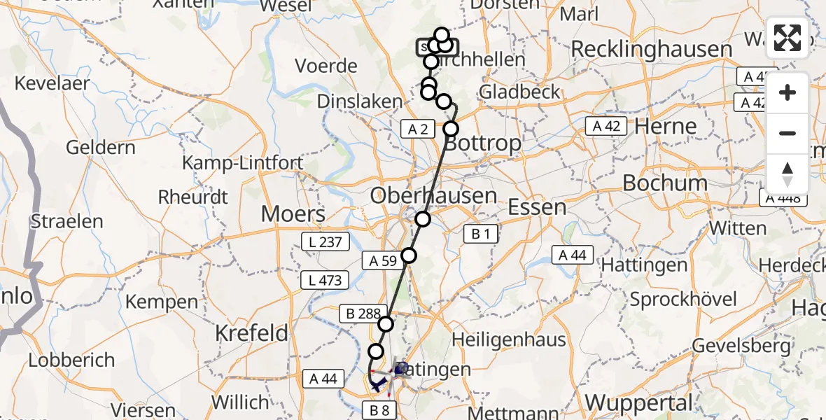 Flugroute Polizeihubschrauber Dinslaken-Schwarze Heide Flugplatz - Düsseldorf Flughafen, 22 Mai 2026, 08:45