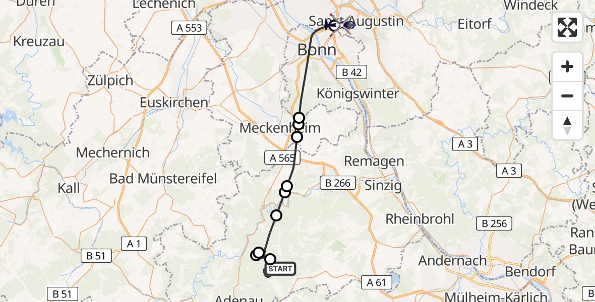 Flugroute Polizeihubschrauber Kaltenborn - Sankt Augustin, 22 Mai 2026, 08:49