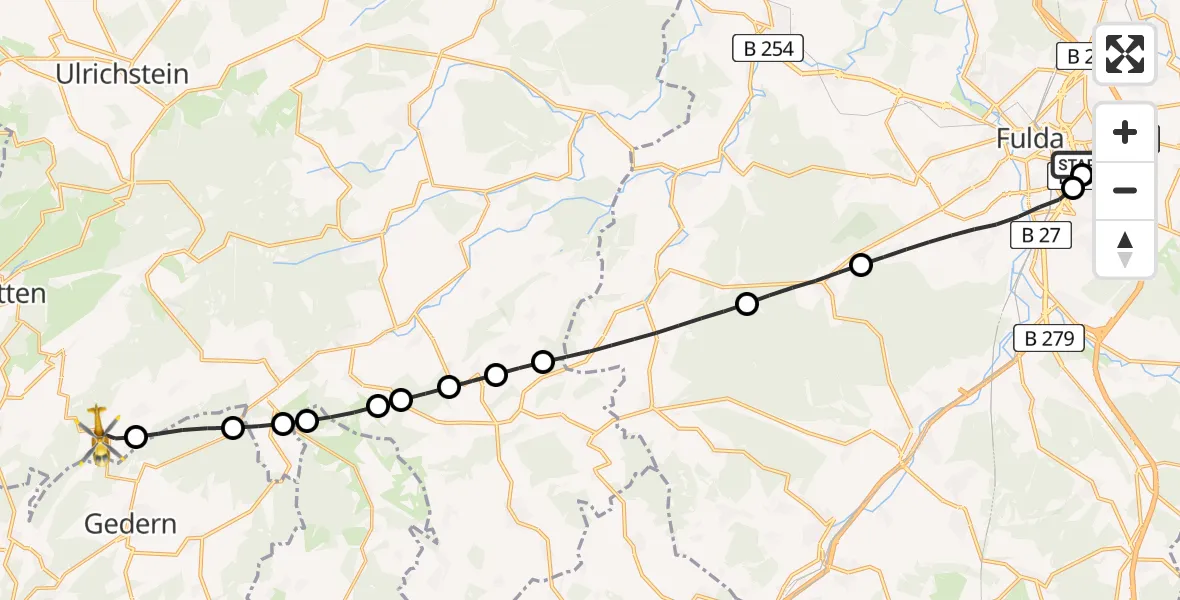 Flugroute Rettungshubschrauber Fulda Hospital - Schotten, 22 Mai 2026, 08:50
