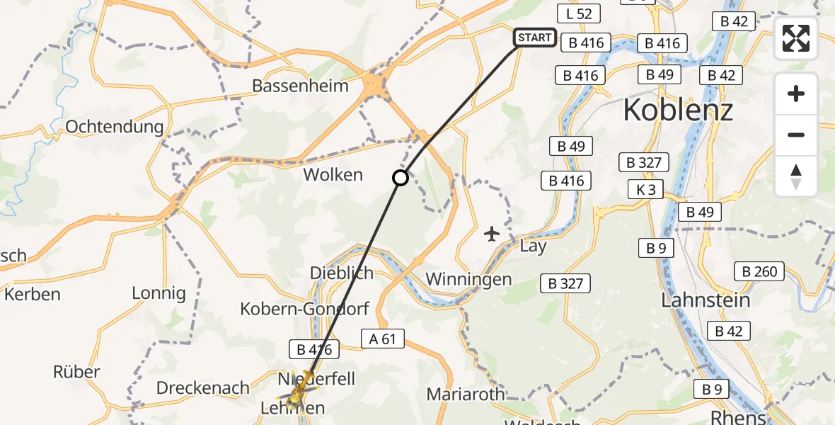 Flugroute Rettungshubschrauber Koblenz - Lehmen, 22 Mai 2026, 08:50