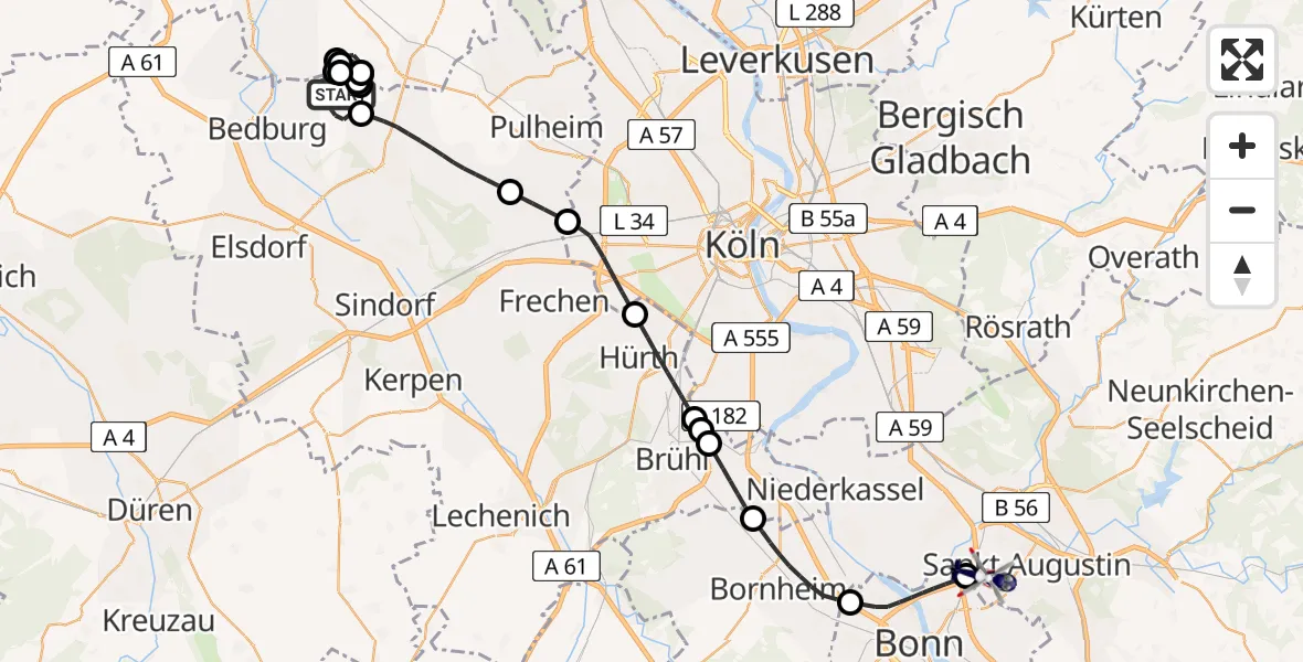 Flugroute Polizeihubschrauber Bedburg - Sankt Augustin, 22 Mai 2026, 09:01