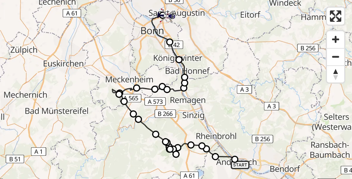 Flugroute Polizeihubschrauber Andernach - Sankt Augustin, 22 Mai 2026, 09:02