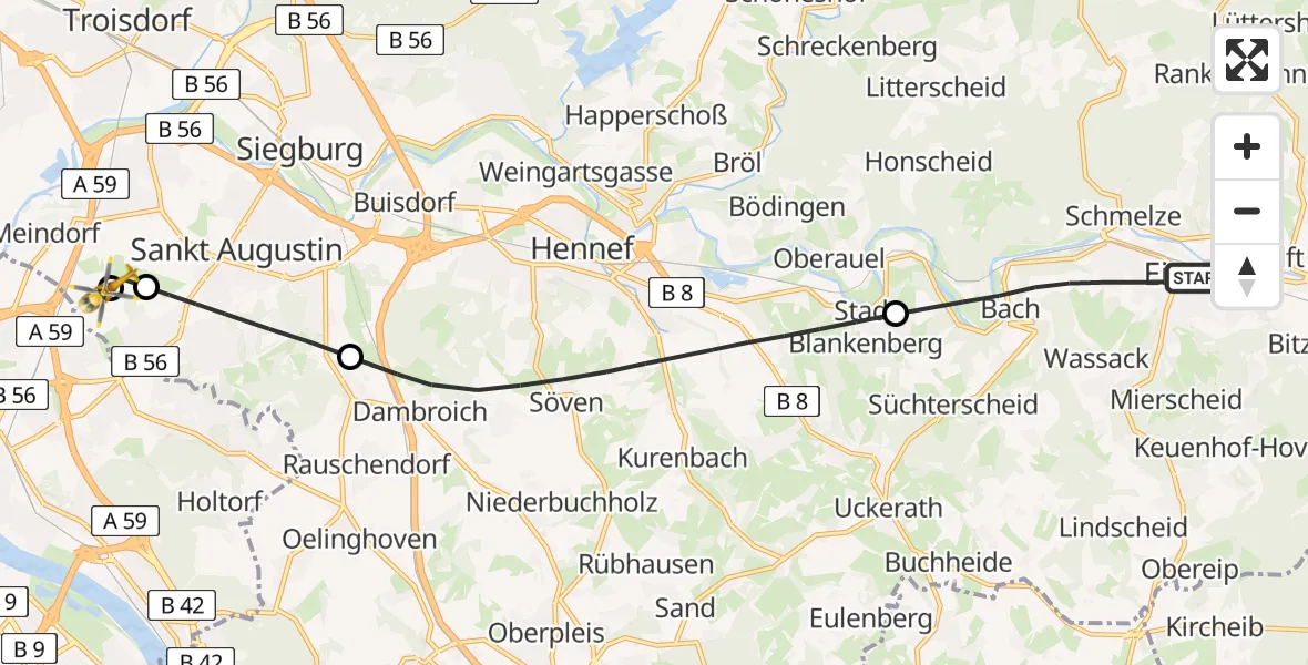 Flugroute Rettungshubschrauber Eitorf - Sankt Augustin, 22 Mai 2026, 09:03