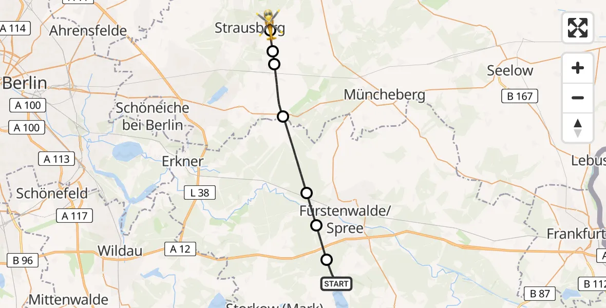 Flugroute Rettungshubschrauber Bad Saarow - Strausberg Flugplatz, 22 Mai 2026, 09:07