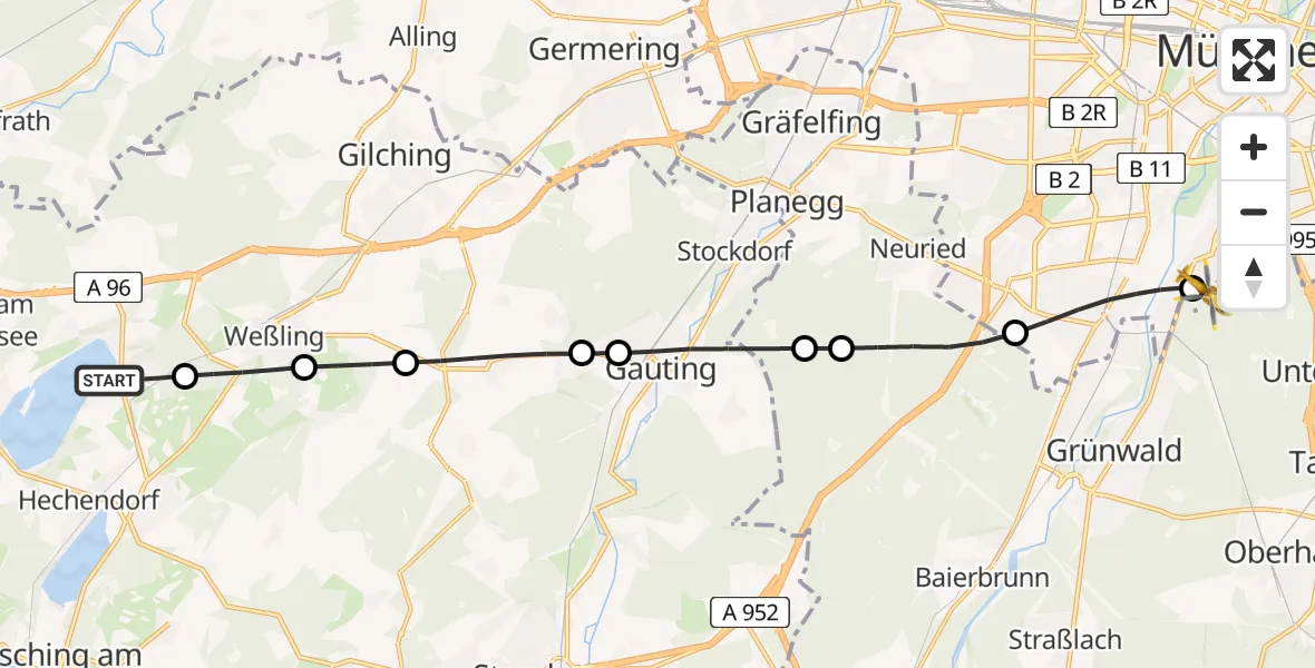 Flugroute Rettungshubschrauber Wörthsee - ADAC Air Rescue Center Hubschrauberlandeplatz (Christoph 1), 22 Mai 2026, 09:09