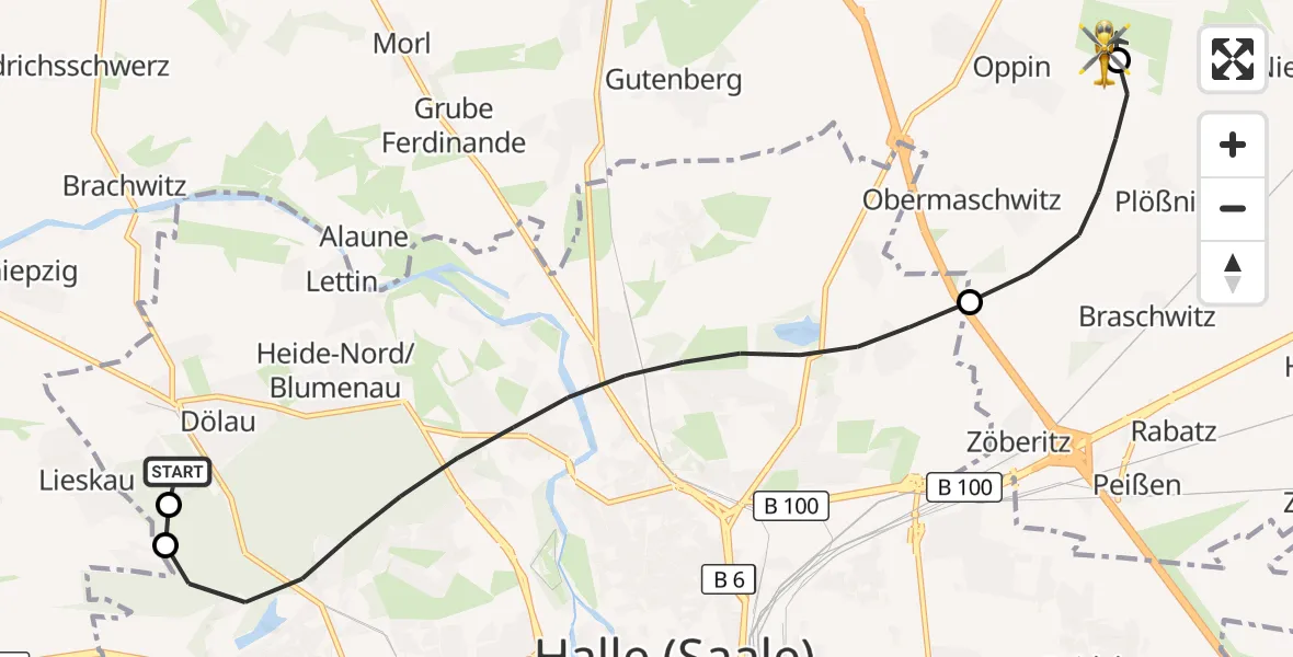 Flugroute Ambulanzhubschrauber Martha-Maria Halle-Dölau Hospital - Halle-Oppin Flugplatz, 22 Mai 2026, 09:11