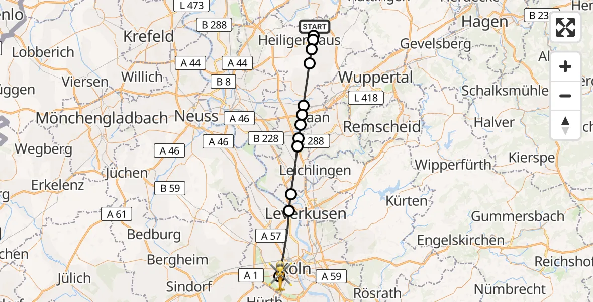 Flugroute Rettungshubschrauber Velbert - Köln University Hospital, 22 Mai 2026, 09:16