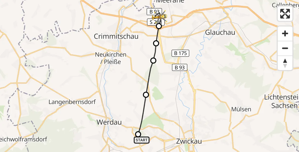 Flugroute Rettungshubschrauber ADAC Air Rescue Station Zwickau Hubschrauberlandeplatz - Meerane, 22 Mai 2026, 09:22