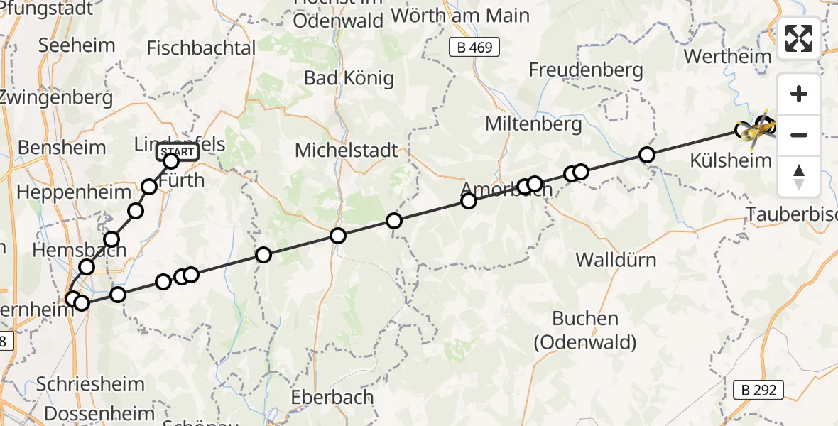 Flugroute Rettungshubschrauber Lindenfels - Külsheim, 22 Mai 2026, 09:26