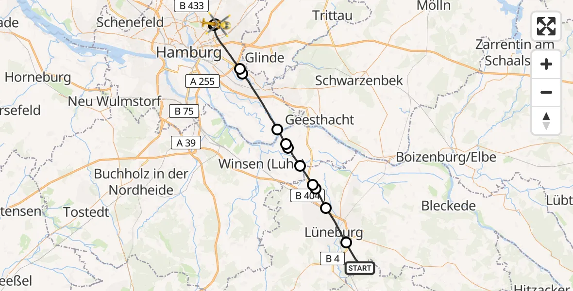 Flugroute Rettungshubschrauber Wendisch Evern - Hamburg Military Hospital, 22 Mai 2026, 09:26