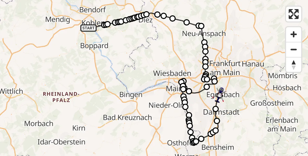 Flugroute Polizeihubschrauber Koblenz - Flughafen Frankfurt-Egelsbach, 22 Mai 2026, 09:36