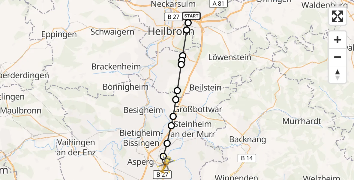 Flugroute Rettungshubschrauber Erlenbach - Ludwigsburg, 22 Mai 2026, 09:37