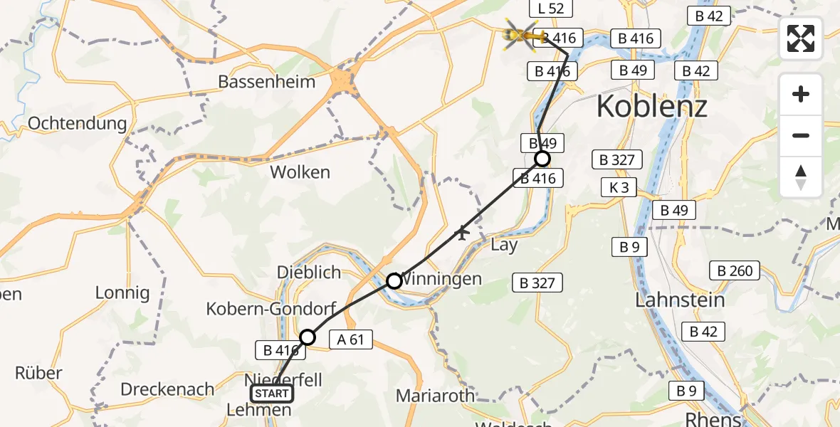 Flugroute Rettungshubschrauber Niederfell - Koblenz, 22 Mai 2026, 09:39