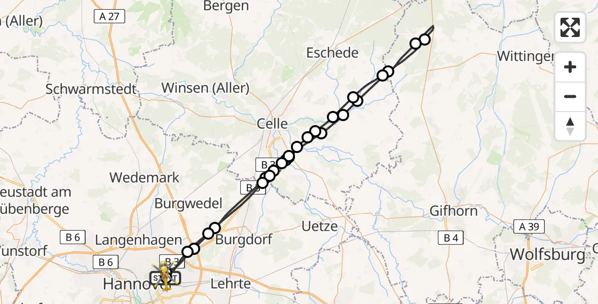 Flugroute Rettungshubschrauber Hannover Luftrettung Hubschrauberlandeplatz (Christoph 4) - Hannover Luftrettung Hubschrauberlandeplatz (Christoph 4), 22 Mai 2026, 09:43
