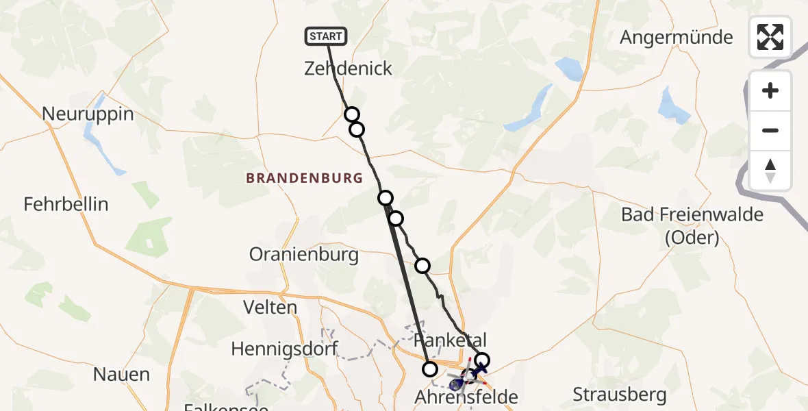Flugroute Polizeihubschrauber Zehdenick - Ahrensfelde Hubschrauberlandeplatz, 22 Mai 2026, 09:48