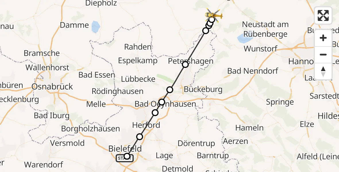 Flugroute Rettungshubschrauber Luftrettungszentrum Bielefeld - Landesbergen, 22 Mai 2026, 09:57