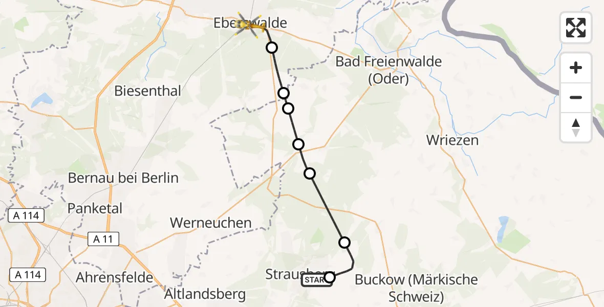 Flugroute Rettungshubschrauber Strausberg - Eberswalde, 22 Mai 2026, 10:01