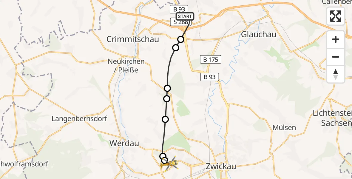 Flugroute Rettungshubschrauber Meerane - ADAC Air Rescue Station Zwickau Hubschrauberlandeplatz, 22 Mai 2026, 10:03