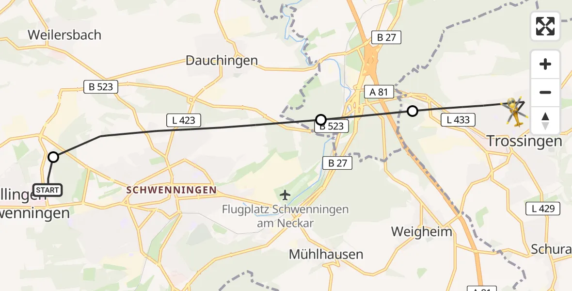 Flugroute Ambulanzhubschrauber DRF Air Rescue Station Villingen-Schwenningen Hubschrauberlandeplatz (Christoph 11) - Trossingen, 22 Mai 2026, 10:03